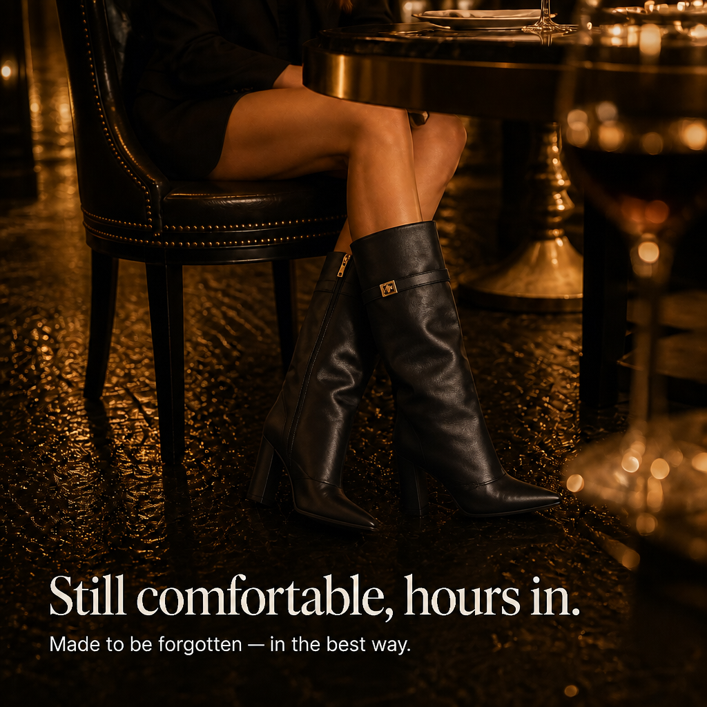 Solvera – Gold Buckle Pointed-Toe Knee-High Boots