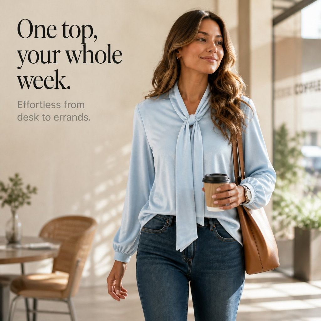 Veloura – Velvet Bow-Collar Long-Sleeve Top