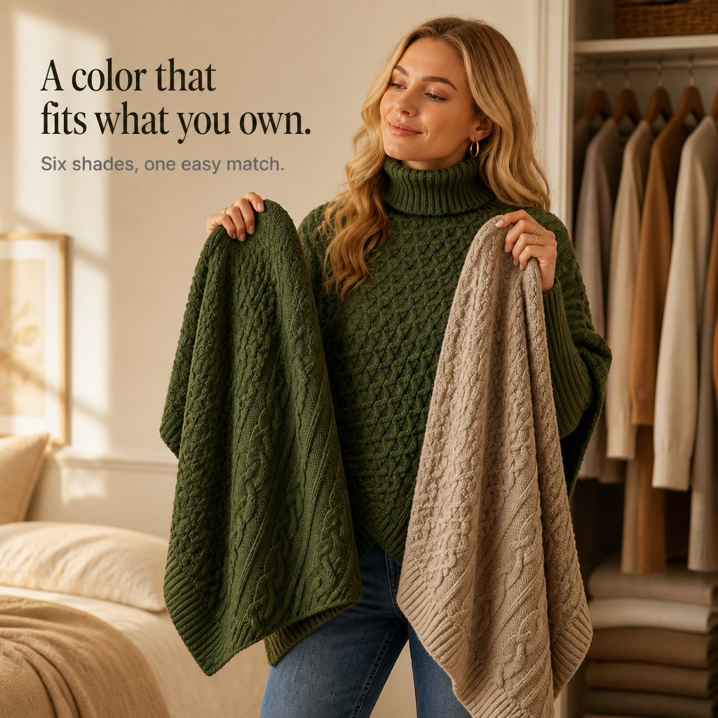 Cable & Cove – Cable-Knit Turtleneck Poncho Sweater