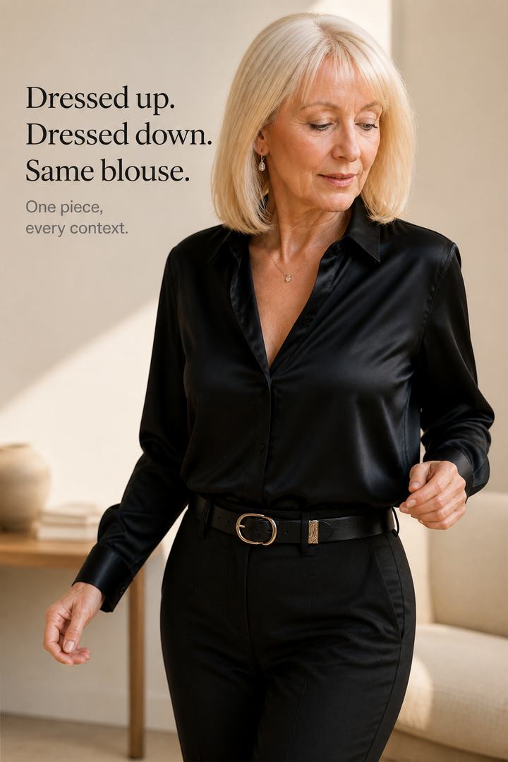 Placket & Poise – Concealed Placket Satin Long Sleeve Blouse