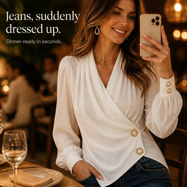 Pearlora – Pearl Cuff Asymmetric Button-Down Blouse