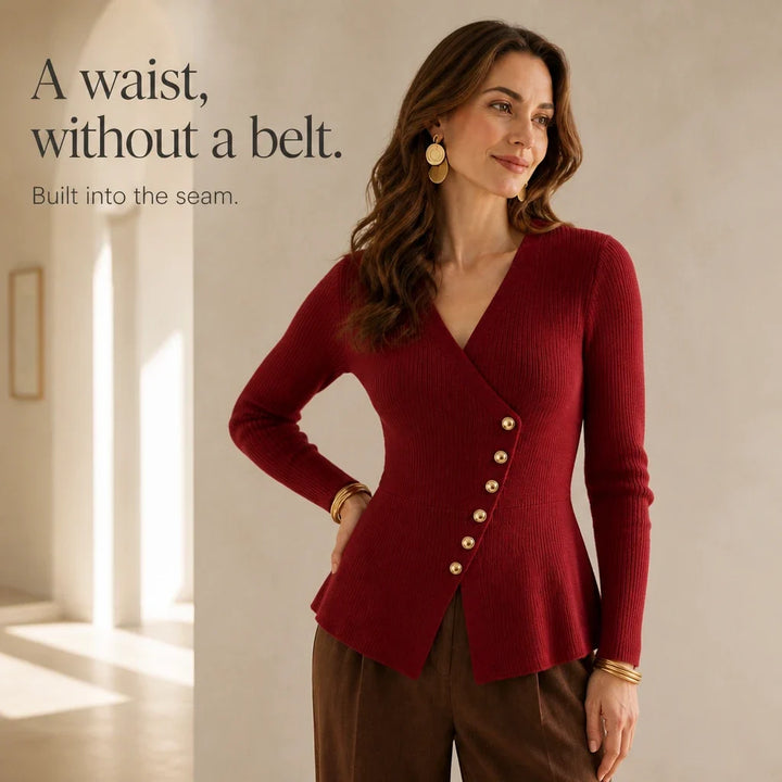 Peplina – Ribbed Asymmetrical Button-Front Peplum Sweater