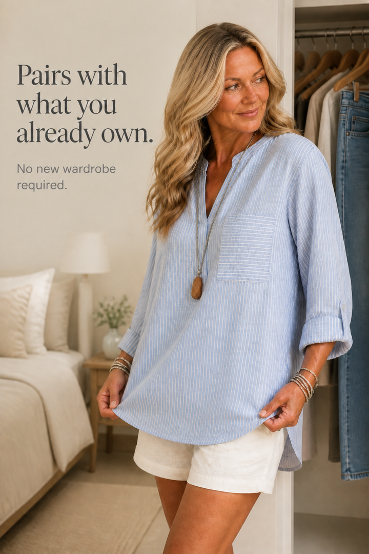 Wearbella – Striped V-Neck Roll-Sleeve Asymmetric Hem Top