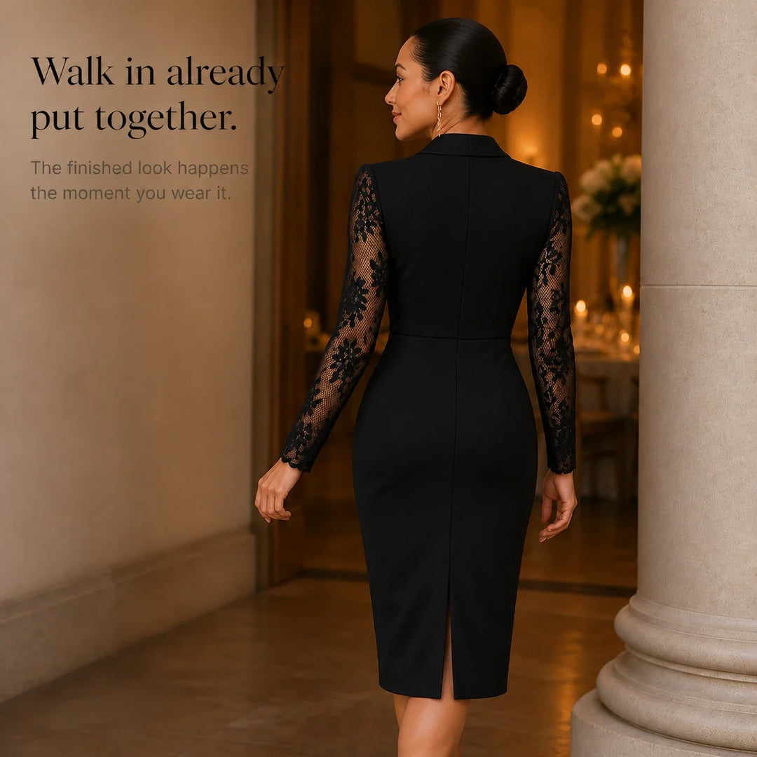 Belleform – Lace-Sleeve Blazer-Wrap Asymmetric Hem Dress