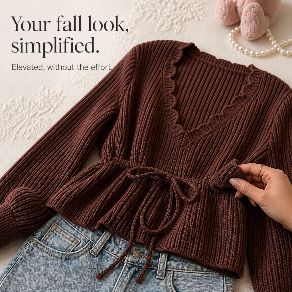 Vela Knit – Ribbed V-Neck Drawstring Sweater