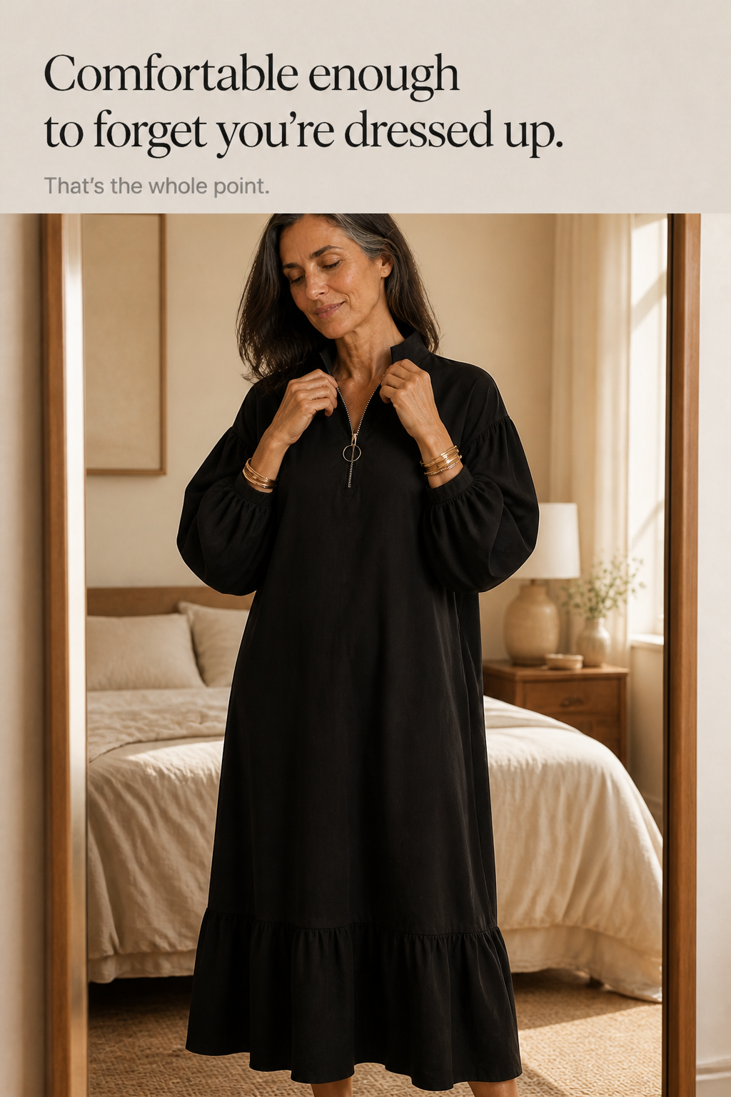 Wearbella – Half-Zip Stand-Collar Lantern-Sleeve Dress