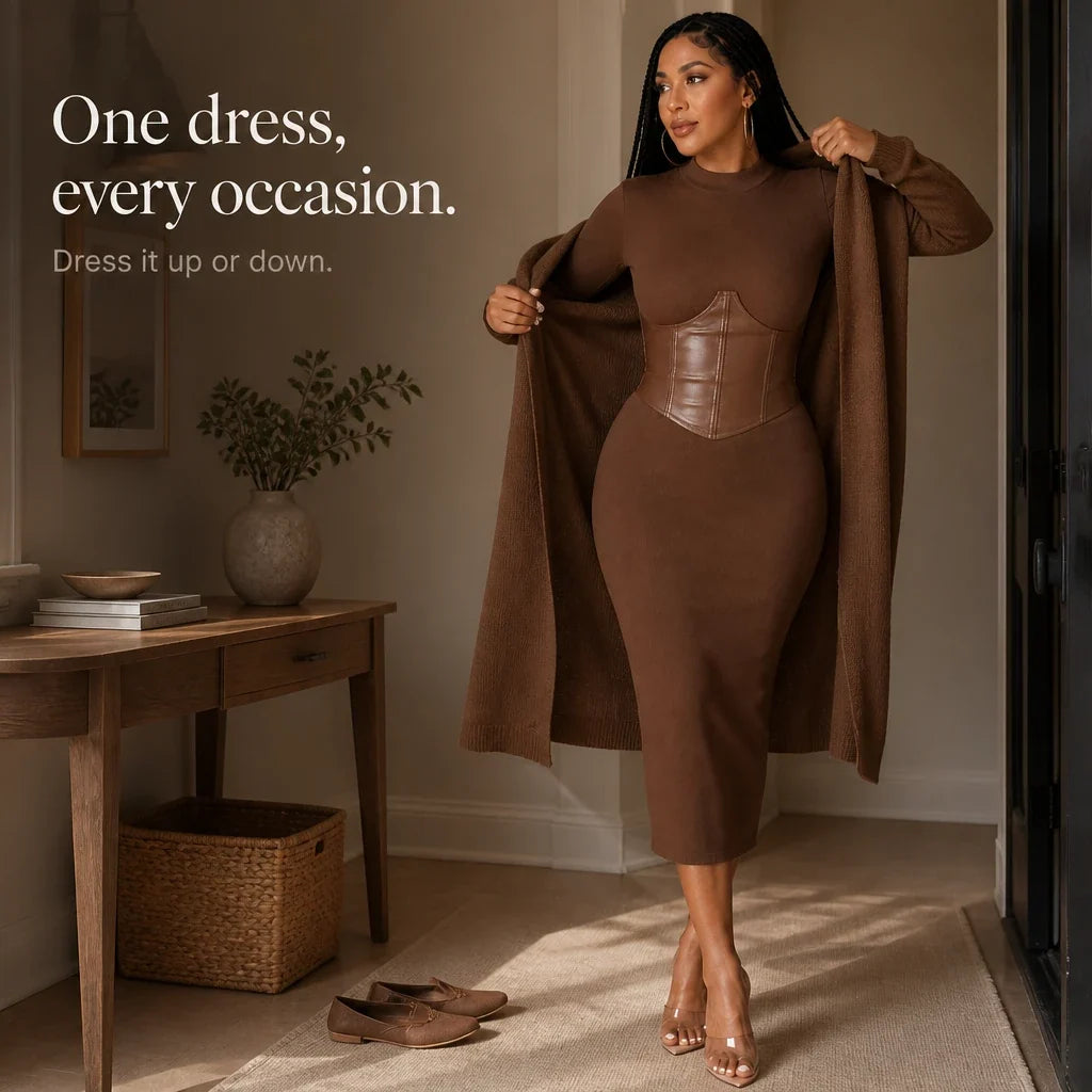 Velora – Corset-Waist Ribbed Knit Midi Dress