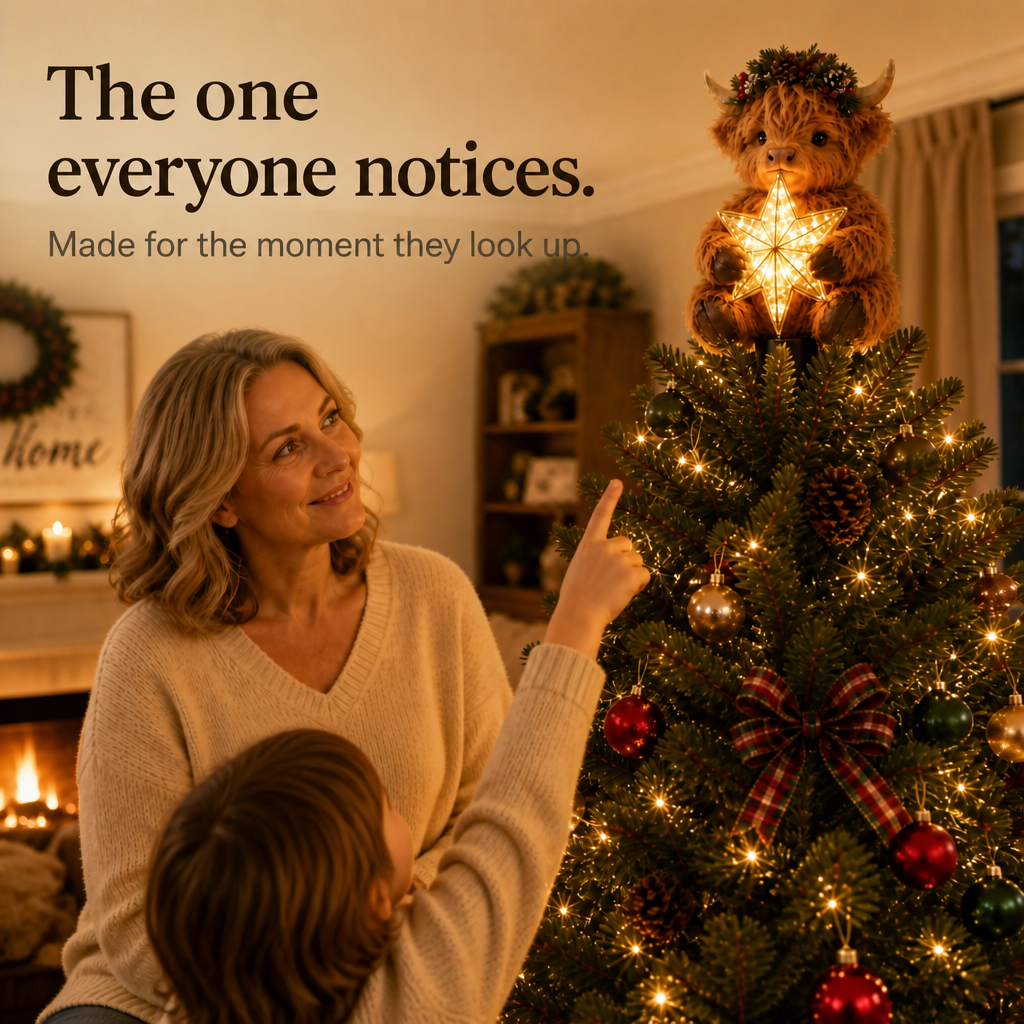 Highlow – Glowing Star Highland Cow Tree Topper