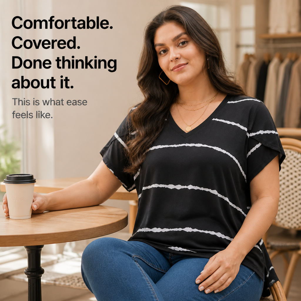 Curvella – Striped V-Neck Stretch Knit Tee