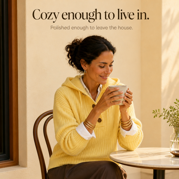 Sunlithe – Hooded Ribbed Collar Half-Zip Knit Pullover