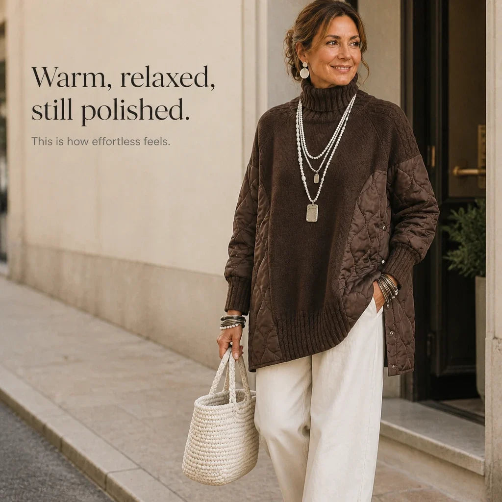 Quilted Haven – Quilted Panel Turtleneck Pullover