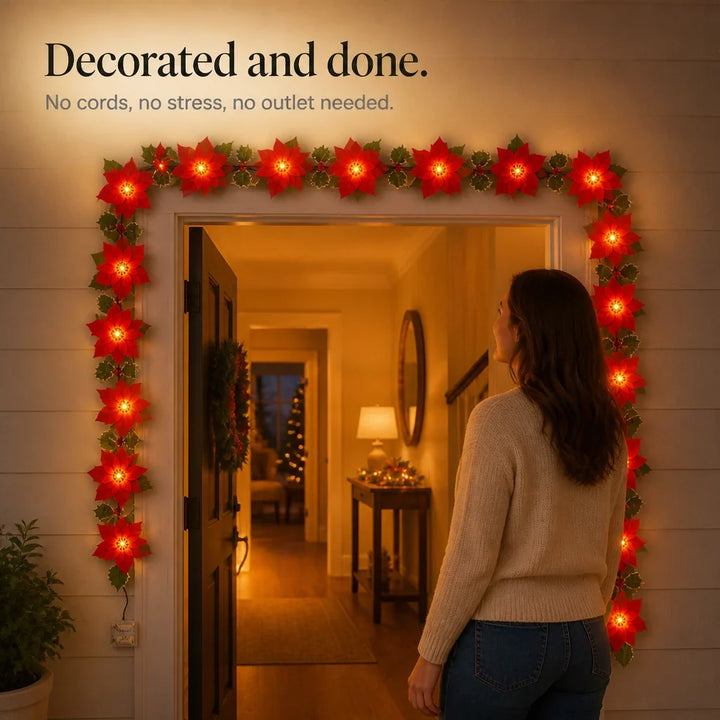 Poinsettia Glow – Battery-Powered Poinsettia LED Garland