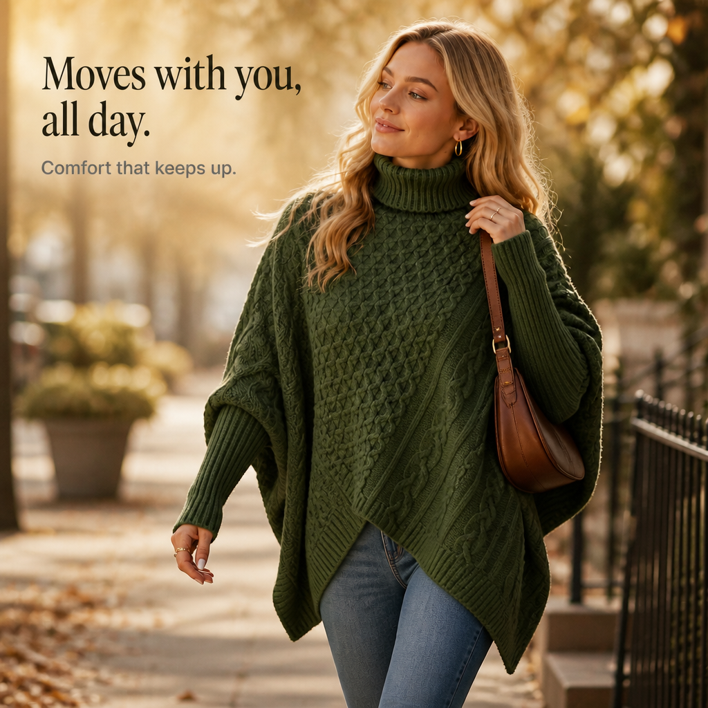 Cable & Cove – Cable-Knit Turtleneck Poncho Sweater