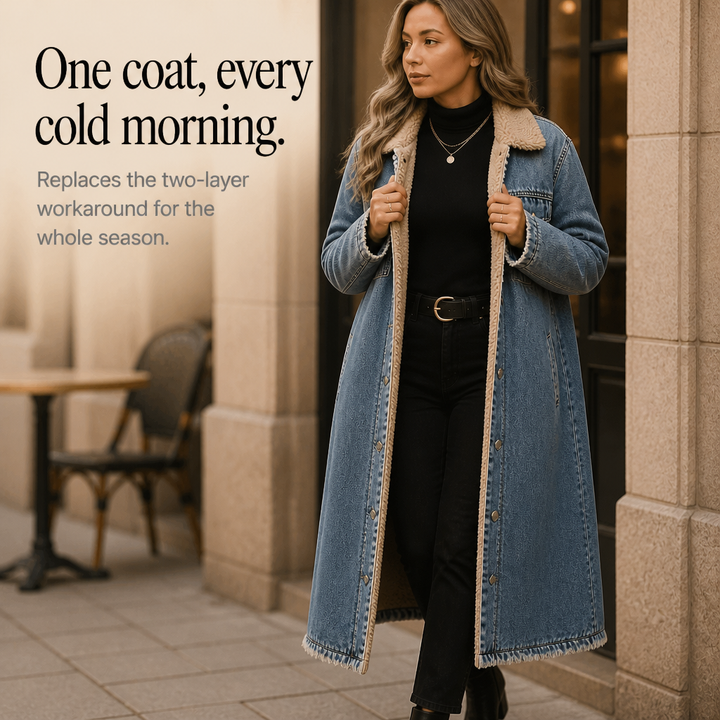 Denora – Sherpa-Lined Full-Length Denim Coat