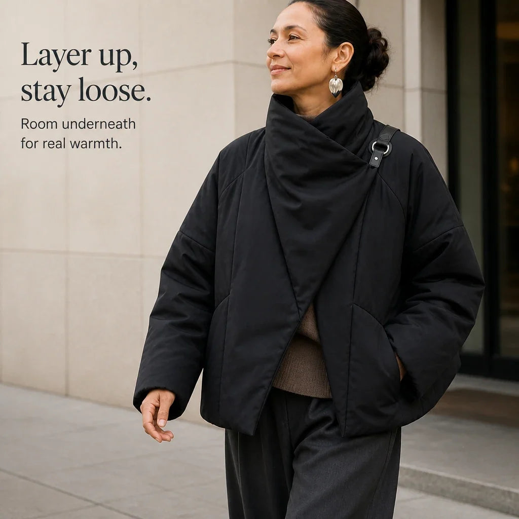 Veluna – Asymmetric Draped-Neck Puffer Jacket