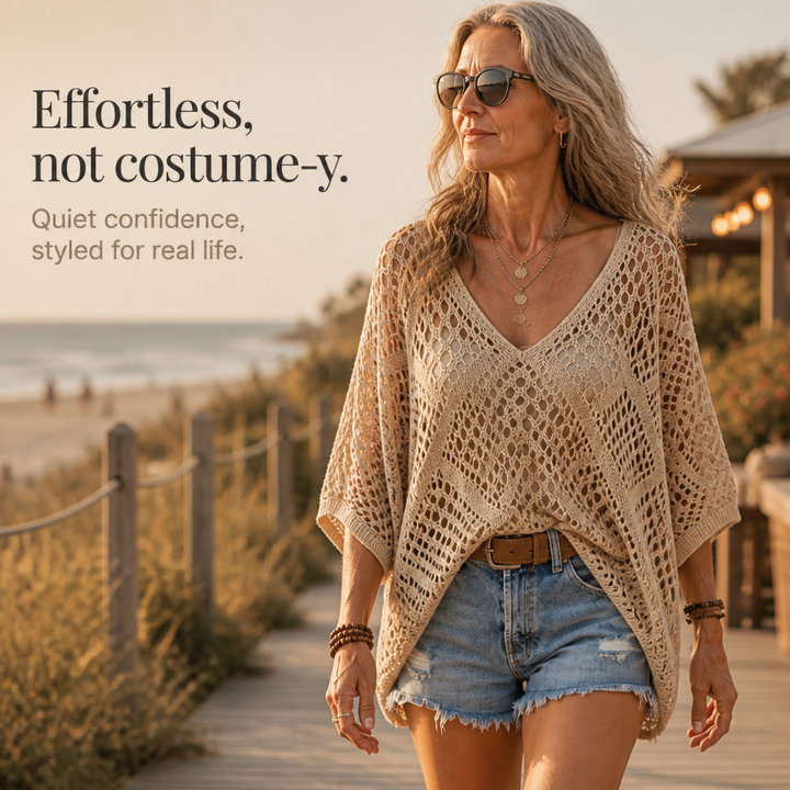 Sunlace – Diamond Openwork Drop-Shoulder Knit Top