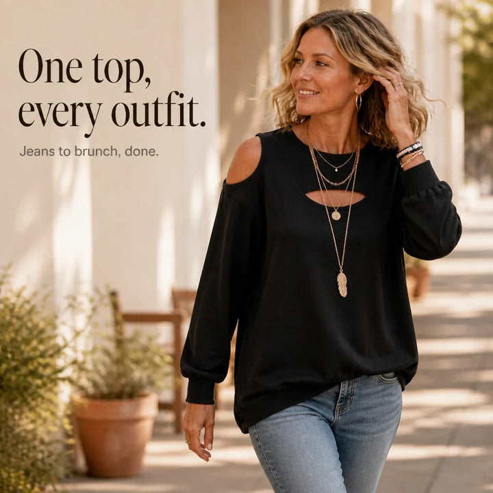 Chicora – Striped Cold-Shoulder Cutout Sweatshirt