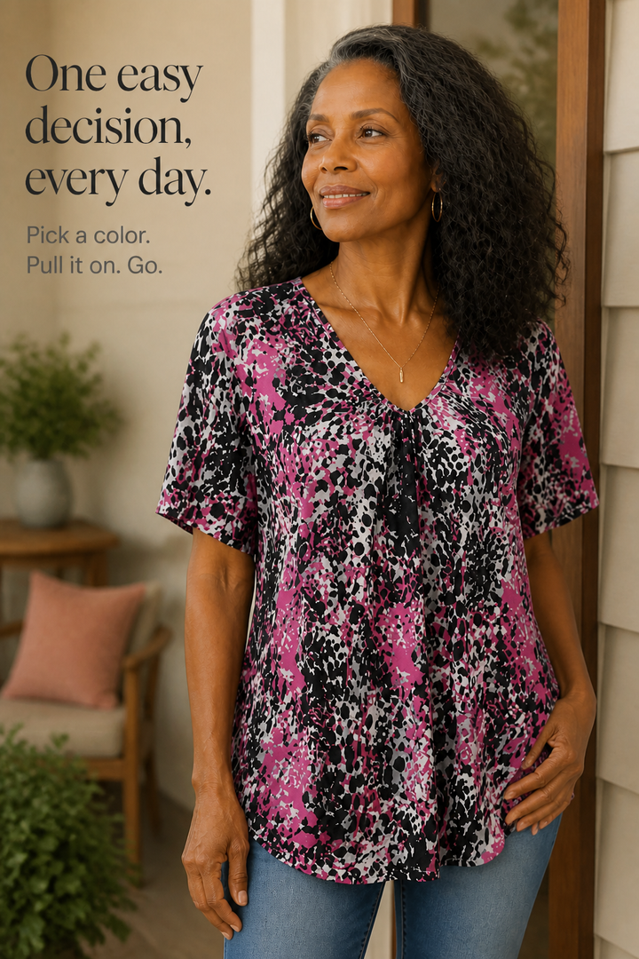 Ocella – Gathered-Bust V-Neck Leopard Print Tunic Top