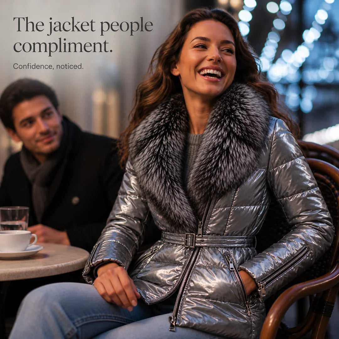 Veluna – Metallic Faux-Fur Collar Belted Puffer Jacket