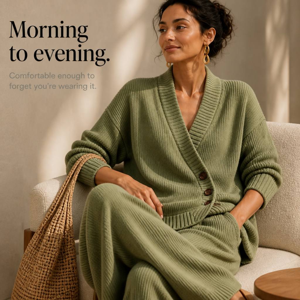 Olivea – Ribbed Wrap Top And Wide-Leg Pants Set
