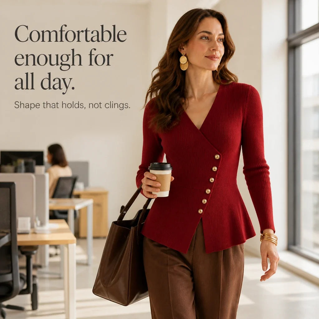 Peplina – Ribbed Asymmetrical Button-Front Peplum Sweater
