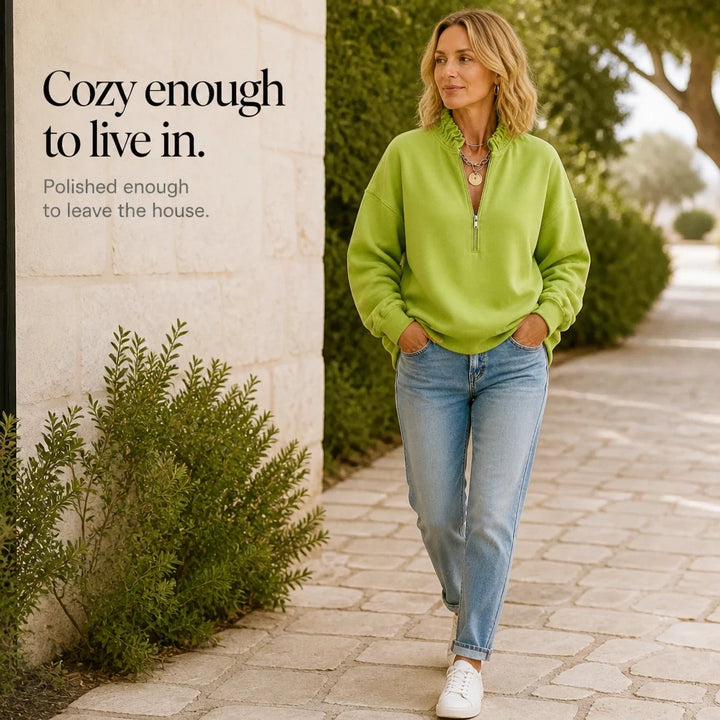 Ruffle & Rise – Ruffled Mock-Neck Quarter-Zip Sweatshirt