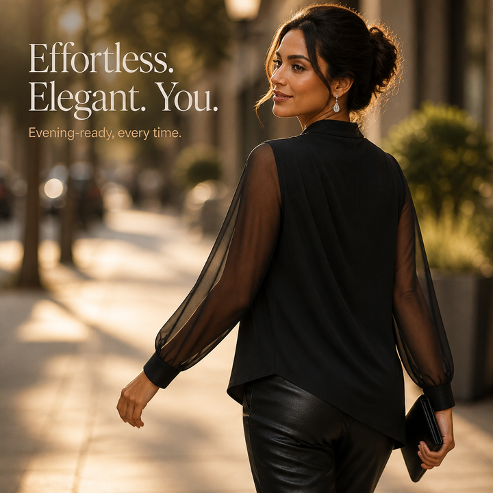 Cowlora – Cowl Neck Sheer Sleeve Asymmetrical Blouse