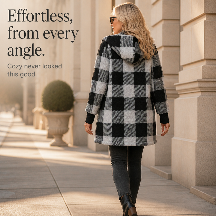 Plaidelle – Oversized Plaid Hooded Fleece-Look Cardigan