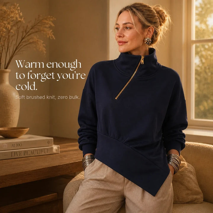 Velaire – Asymmetric Diagonal-Zip High-Neck Sweatshirt