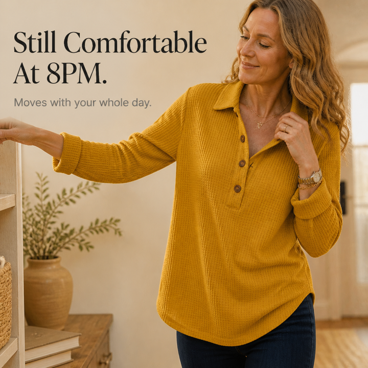 Wovella – Waffle-Knit Button Henley Top