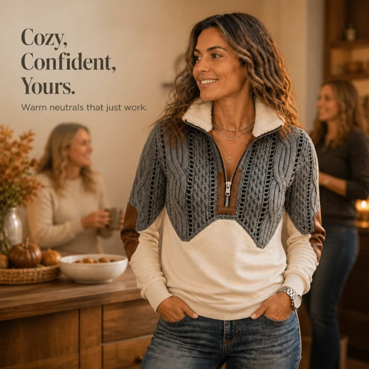 CozyCabled – Color-Block Faux Cable-Knit Quarter-Zip Pullover