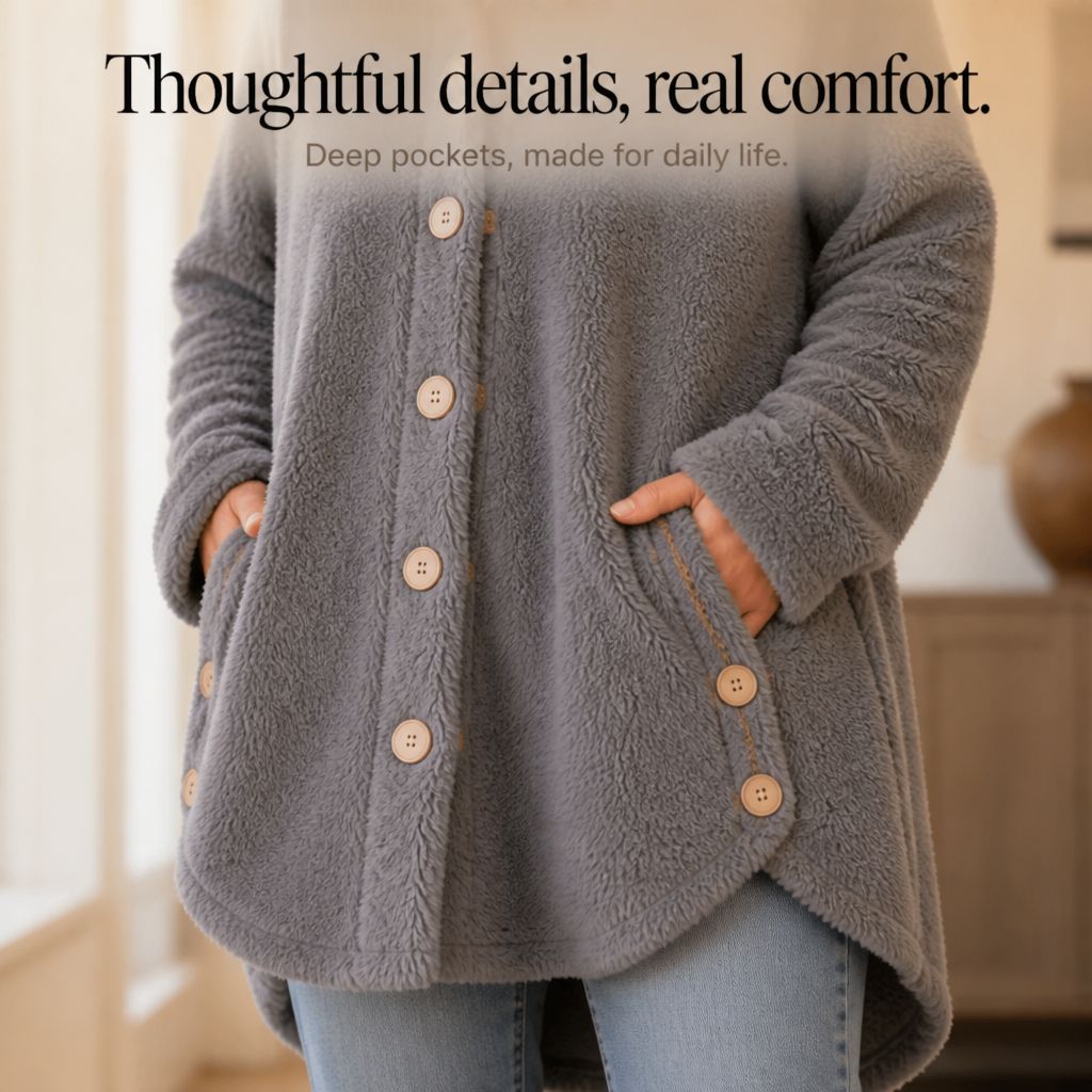 Veluna – Asymmetrical Button-Front Hooded Fleece Coat