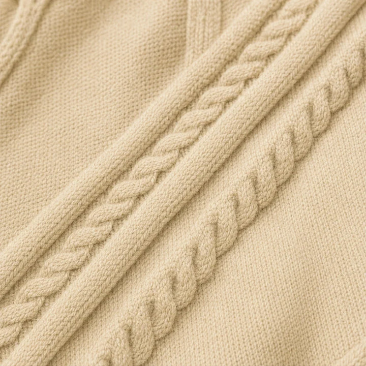 Cabledge – Diagonal Cable-Knit Button-Neck Sweater