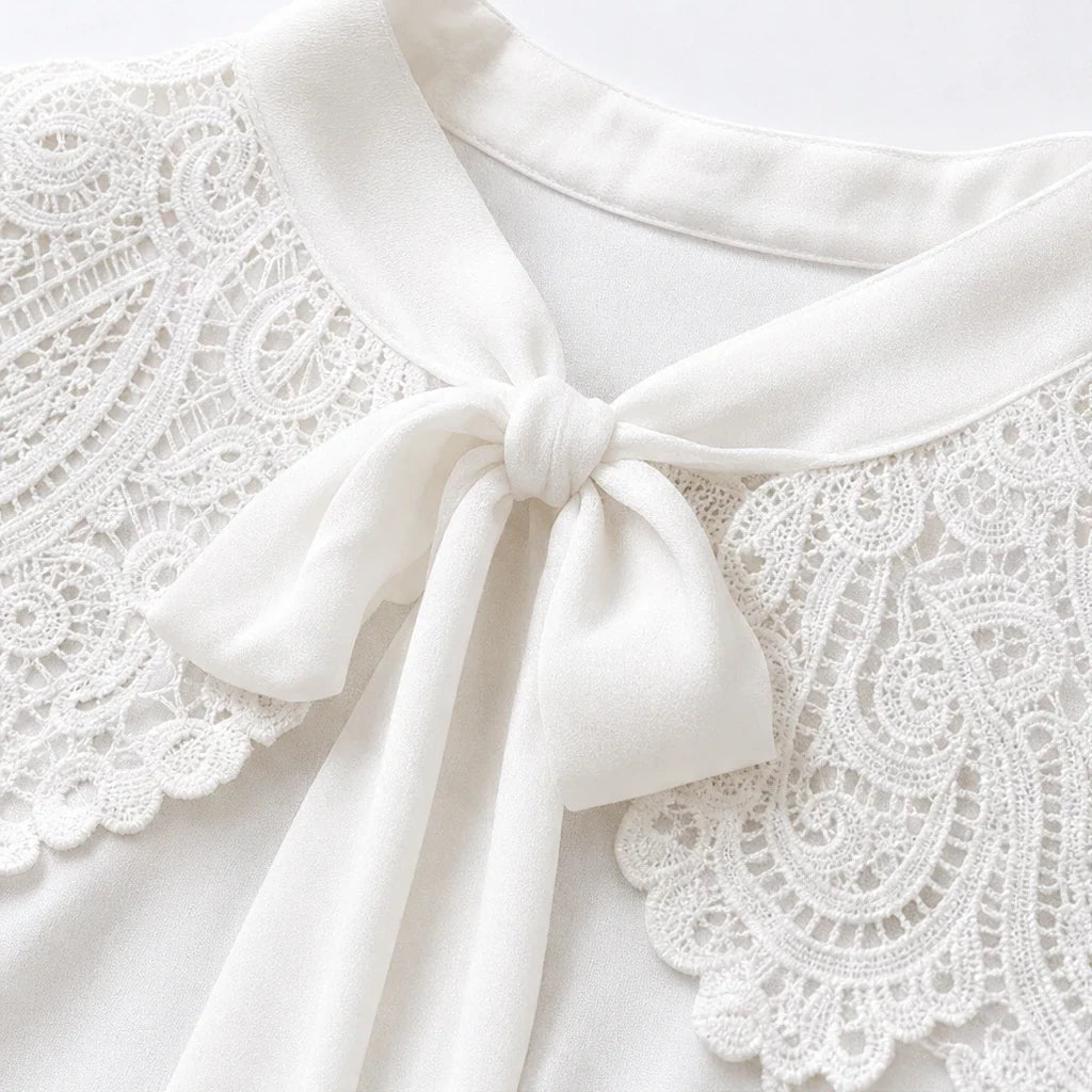 Vintelle – Lace Collar Tie-Neck Chiffon Blouse