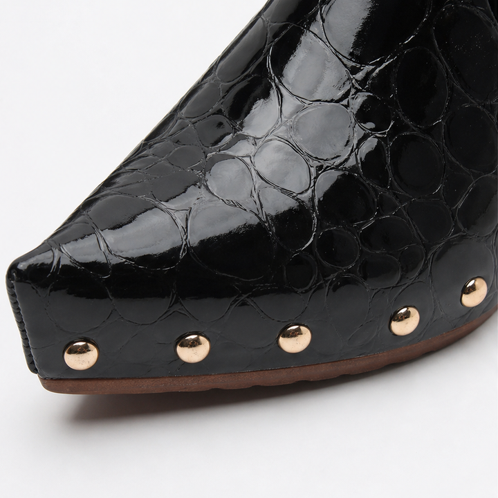 Ines Croc – Gold Dome Trim Croc-Embossed Clog Mules