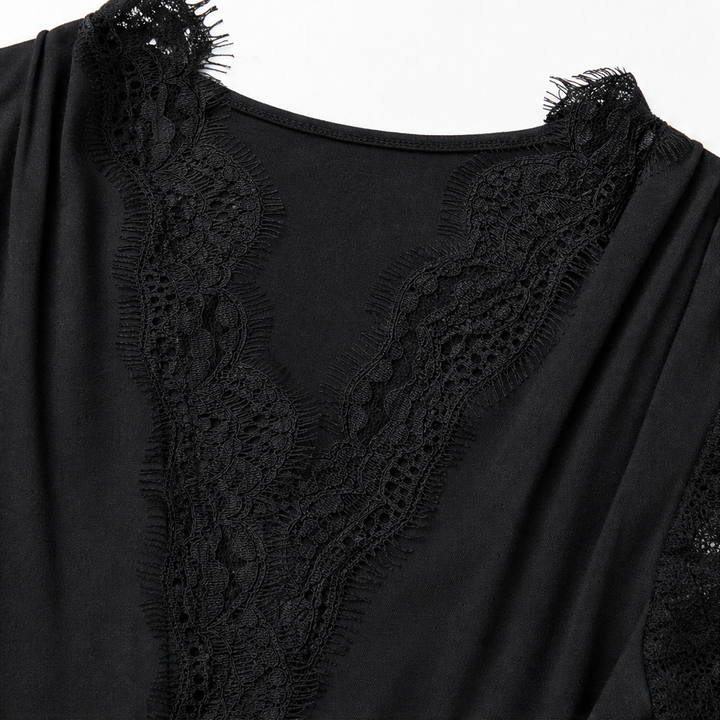 Veloura – Deep V-Neck Lace-Sleeve Fitted Top