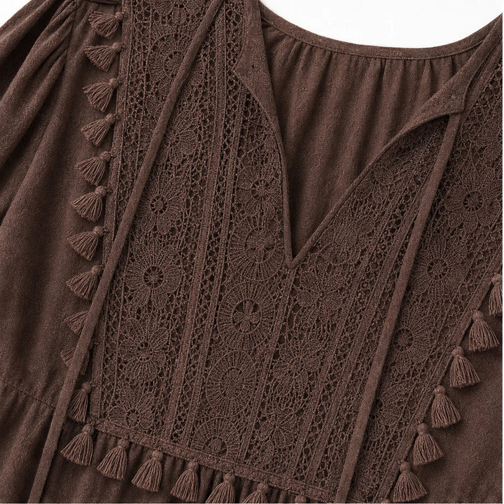 Florenza – Floral Lace Bib Tassel-Tie Peasant Blouse