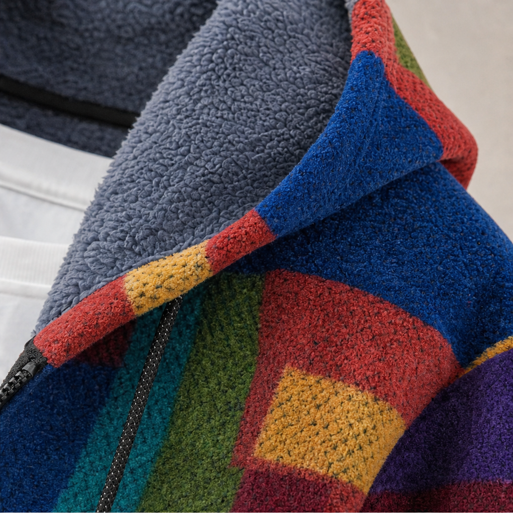 Patchwork Muse – Colorful Patchwork Hooded Cardigan