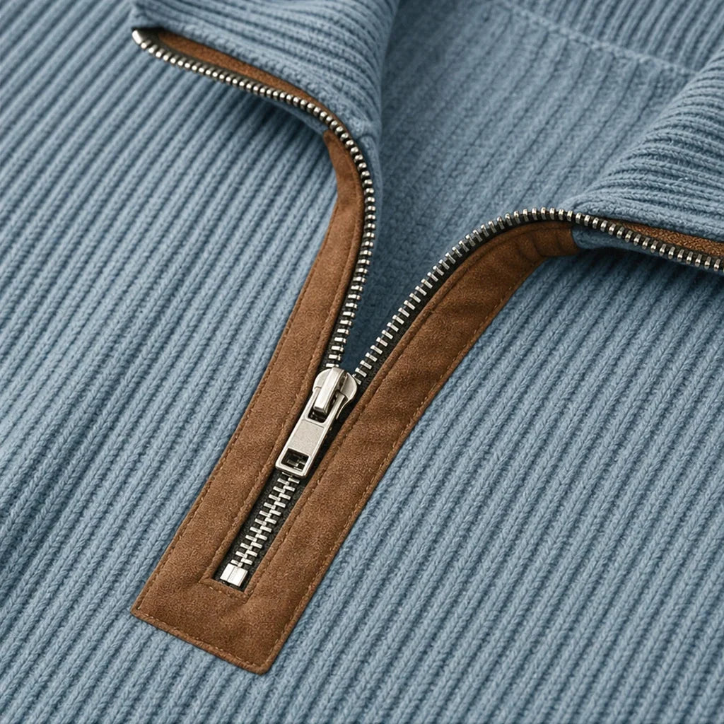 Cozalyn – Ribbed Quarter-Zip Elbow-Patch Pullover Sweater