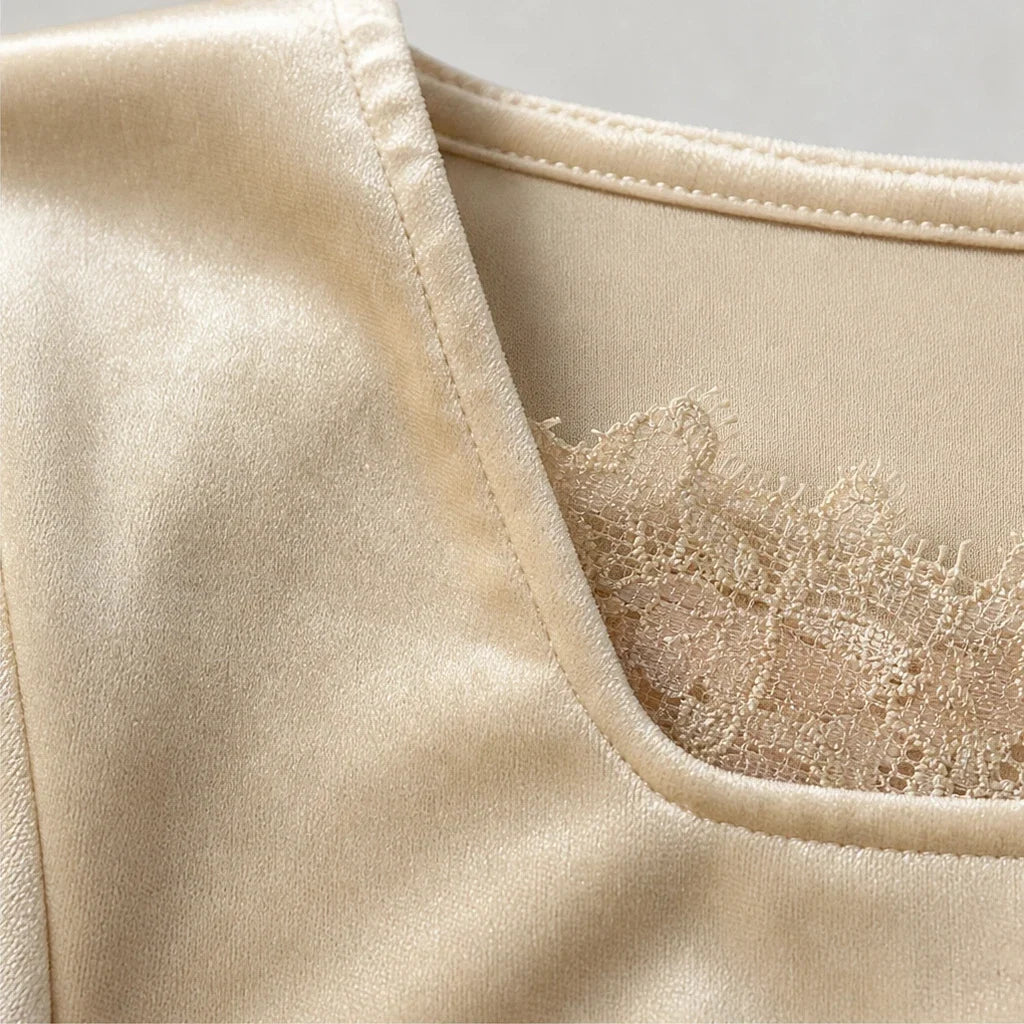 Veloura – Lace-Trimmed Cowl Neck Ruched Top