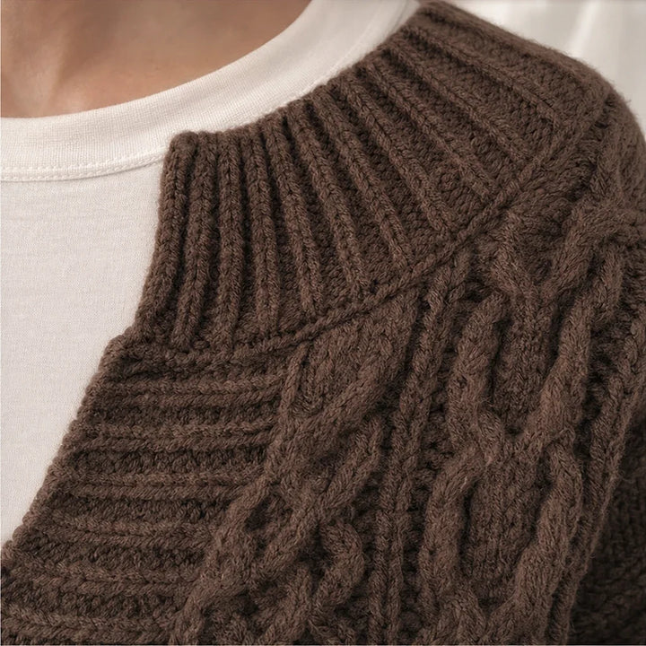 Layerella – Cable-Knit Mock-Layer V-Neck Sweater