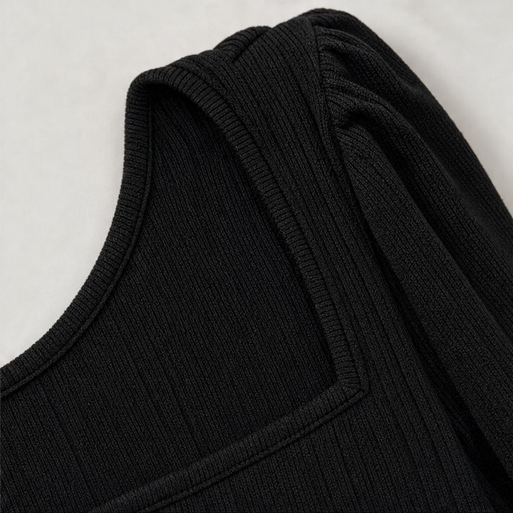 Square - Neck Puff-Sleeve Fitted Knit Top With Gold Cuff Buttons