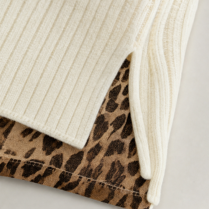 Leopardia – Leopard-Trim Knit Long Sleeve Mini Dress