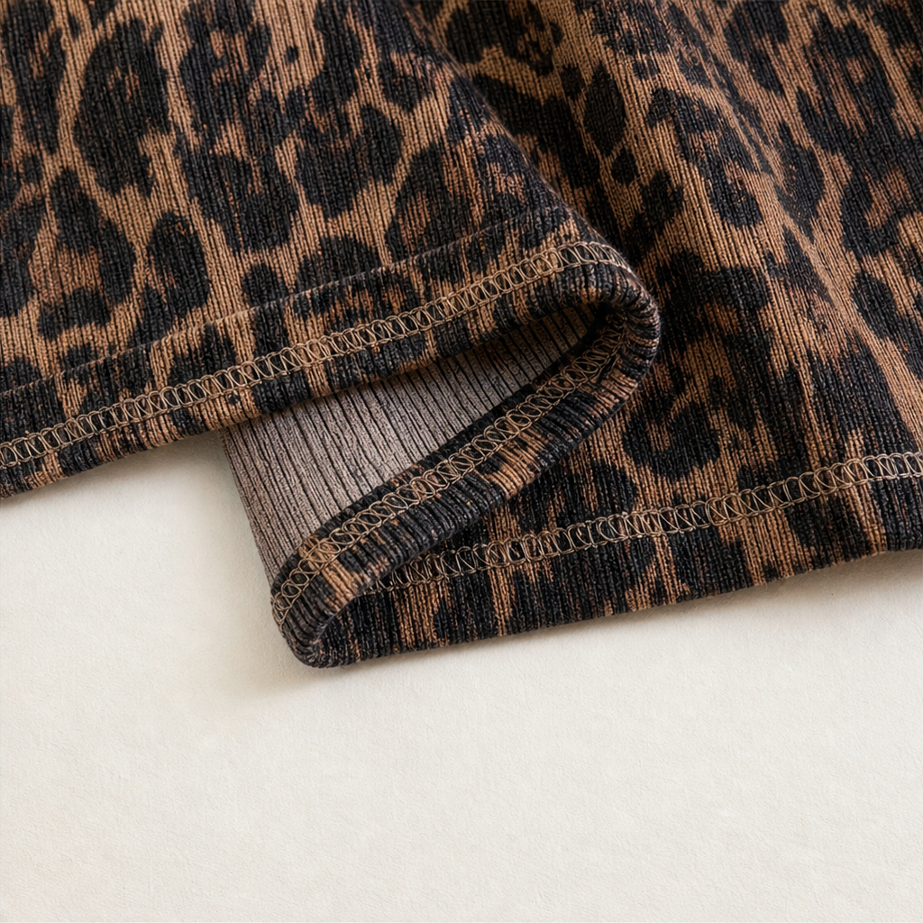 Leopardia – Long Sleeve Leopard Print Mock Neck Midi Dress
