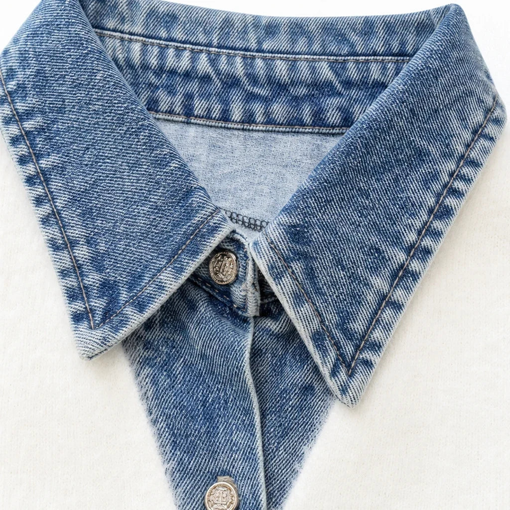 Layerelle – Denim Patchwork Faux Two-Piece Cardigan
