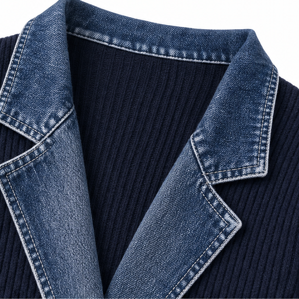 Wearbella – Spliced Denim Ribbed-Knit Longline Jacket