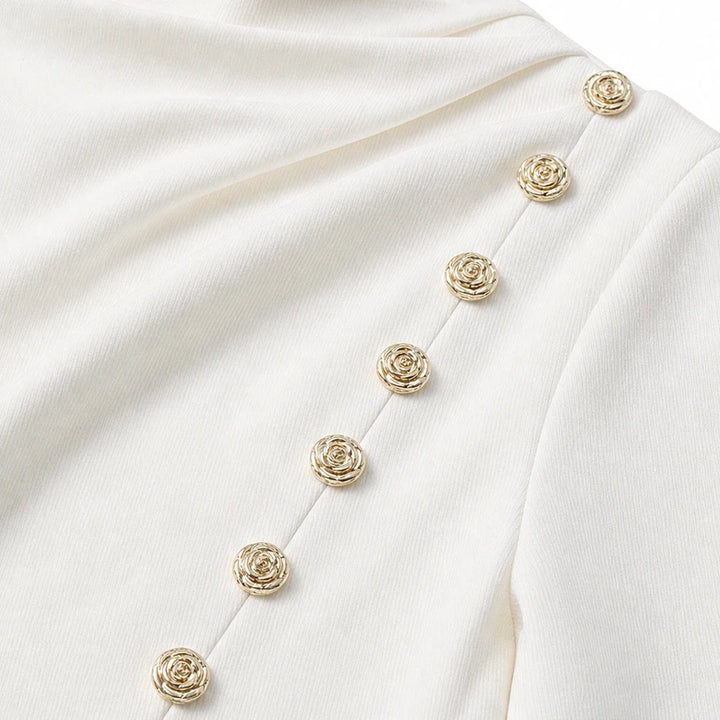 Drapella – Draped Mock-Neck Gold-Button Mini Dress
