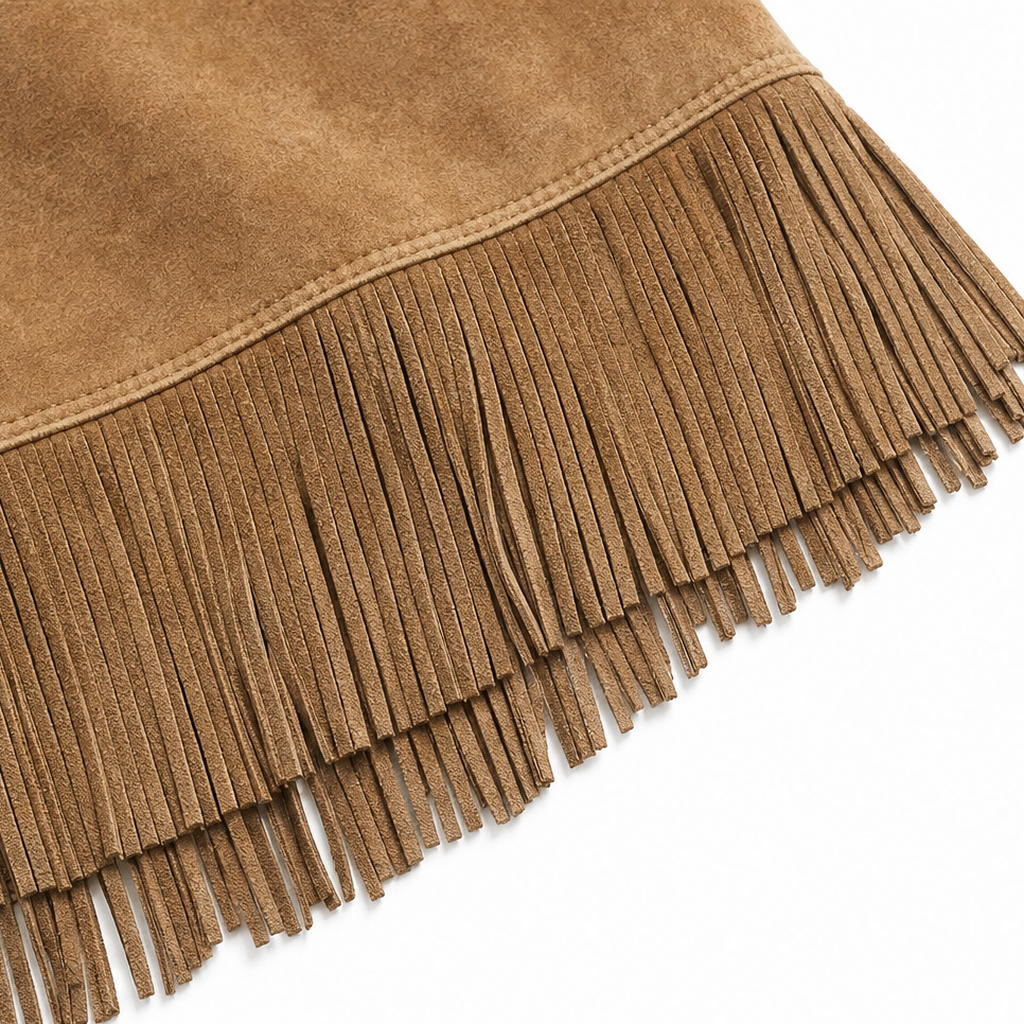 Tasselina – High-Neck Faux-Suede Tassel-Hem Dress