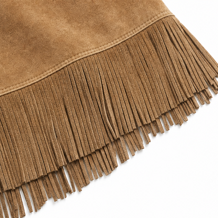 Tasselina – High-Neck Faux-Suede Tassel-Hem Dress