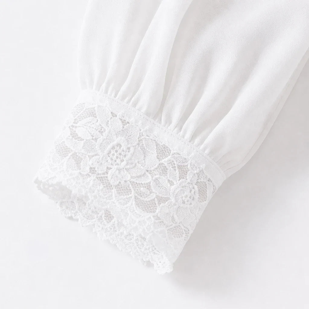 Lacevera – Lace-Trimmed V-Neck Chiffon Blouse